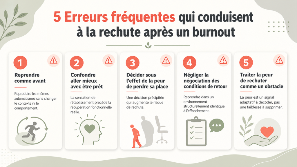Infographie des 5 erreurs fréquentes qui conduisent à la rechute après un burnout, de la reprise précipitée à la peur mal interprétée