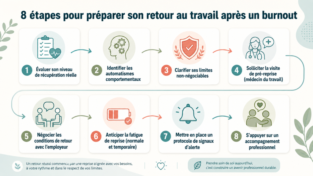 Infographie des 8 étapes pour préparer sa reprise au travail après un burnout, de la récupération à l'accompagnement professionnel