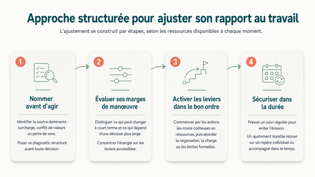 Infographie sur les 4 étapes pour ajuster son rapport au travail de façon durable